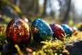 Shiny non ferrous metal Easter eggs nestled in lush greenery during a vibrant spring afternoon Royalty Free Stock Photo