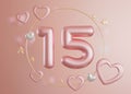 Shiny number fifteen with hearts and stars on light pink background. Symbol 15. Invitation for a girls fifteenth