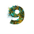Shiny number nine of tinsel and paper cut shape of ninth numeral isolated on white. Typeface for celebration design