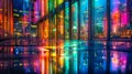 A shiny office building reflecting the colorful lights of the bustling nightlife in the city capturing the energy and