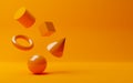 Shiny orange geometric primitives, sphere, cone, cube and torus floating on orange background, modern minimal template concept