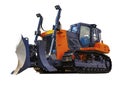 Shiny orange modern bulldozer on caterpillars isolate on white background