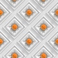 Shiny orange spheres with organically shaped connections in an array of white squares (seamless)