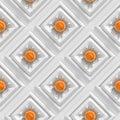 Shiny orange spheres with organically shaped connections in an array of white squares (seamless)