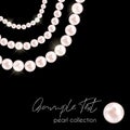 Shiny oyster pearls for luxury accessories. Vector pearl necklace on black background. Chains of pearls forming a round ornament