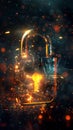Shiny padlock with glowing dust particles, abstract security concept