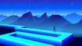 Shiny path concept with human figure walking in the synthwave landscape. 80s styled neon pathway scene with walking man.