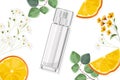 Shiny perfume spray bottle with flowers and fruits
