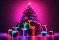 a shiny pile holiday gifts presents christmas tree greeting card bright seasons greetings neon eve night holidays glow santa claus Royalty Free Stock Photo