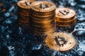 Stacks of Bitcoin Coins on Wet Surface - Cryptocurrency Wealth and Investment Concept Generative AI Royalty Free Stock Photo