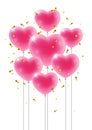 Shiny pink heart shape balloons with golden confetti isolated on white background. Vector decor elements for Valentines day