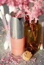 Shiny pink lip gloss and cosmetics jars on the makeup desk in the shop Royalty Free Stock Photo