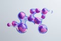 Shiny pink spheres surrounded with floating blue liquid.