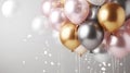 Shiny Pink, White, Silver, and Gold Balloons Against a Soft Grey Background for Celebration. Generative AI
