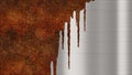 Shiny polished metal background texture with rusty drips of liquid. Brushed metallic steel plate traces of orange rust streaks