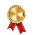 Shiny realistic empty gold award medal with red ribbon rosettes on white background. Symbol of winners and achievements Royalty Free Stock Photo