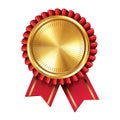 Shiny realistic empty gold award medal with red ribbon rosettes on white background. Symbol of winners and achievements Royalty Free Stock Photo