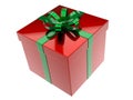 Shiny red Christmas gift box wrapped with green ribbon Royalty Free Stock Photo