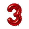 Shiny red foil number three balloon for celebrations and decorations Royalty Free Stock Photo