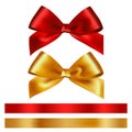 Shiny red and gold satin ribbon on white background