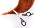 Shiny red hair and hair cutting shears Royalty Free Stock Photo