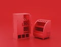 Shiny red plastic pastry case, pastry cabinet in red background, flat colors, single color, 3d rendering