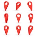 Shiny red realistic map pointers. Map pointer 3d pin. Location symbols set isolated on white background. Royalty Free Stock Photo