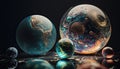 Shiny reflective marble with the cosmos. Sun, stars, planets and galaxies inside a glass globe orb bowling ball. Earth and moon. Royalty Free Stock Photo