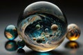 Shiny reflective marble cosmos. Sun, stars, planets, galaxies inside a glass globe orb bowling ball. Light mirror sphere in space. Royalty Free Stock Photo