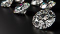 Shiny round diamonds on black background, luxury brilliants sparkle on dark desk, white gemstones with reflections. Concept of