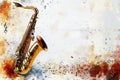 Shiny saxophone lying on a background of musical notes and watercolor splashes Royalty Free Stock Photo