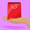 Shiny Shopping bag in female hand. Flat and solid color vector illustration.