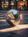 A shiny silver ball with a reflective surface sits on a brick sidewalk Royalty Free Stock Photo