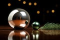 a shiny silver ball sits on a table with a christmas tree in the background Royalty Free Stock Photo