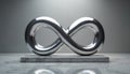 Shiny silver infinity symbol on marble base. Metallic sculpture on reflective surface. Abstract design with endless loop. Modern Royalty Free Stock Photo