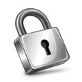 A shiny, silver padlock with a classic U-shaped shackle and a rounded body. The Royalty Free Stock Photo