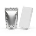 Shiny silver pouch with a white rectangular box on a white background Royalty Free Stock Photo