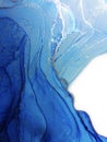 Luxury abstract fluid art painting background alcohol ink technique blue and silver. Swirls of shiny silver edges. Royalty Free Stock Photo