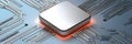 Shiny Silver Processor Square Computer Chip on Light Blue System Board, Close-Up of Microchips Royalty Free Stock Photo