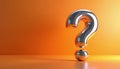 Shiny silver question mark floats on bright orange gradient background. Minimalist 3D render poses query, inquiry, doubt or Royalty Free Stock Photo