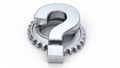 Shiny silver question mark symbol resting on a metallic cogwheel against a white background Royalty Free Stock Photo