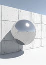 A shiny silver sphere is mounted on a concrete wall, reflecting the sky and clouds. Royalty Free Stock Photo