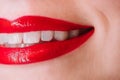 Shiny smile. Lady with natural lip. Glossy passionate red lips. Woman with liquid lipstick or gloss.