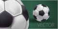 Shiny soccer ball waiting to be kicked, vector. High detailed realistic soccer ball on green background.