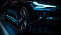 Shiny sports car driving at night with illuminated blue headlights generated by AI Royalty Free Stock Photo