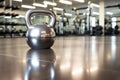 a shiny stainless steel kettlebell on a gym floor