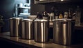 Shiny stainless steel kitchen equipment in modern domestic kitchen generated by AI Royalty Free Stock Photo