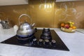 Shiny stainless tea kettle teapot with boiling water on burning Royalty Free Stock Photo