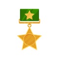 Shiny star shaped medal with green ribbon. Military golden award. Reward for bravery and valor. Flat vector icon Royalty Free Stock Photo