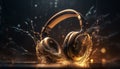 Shiny stereo headphones illuminate the dark nightclub abstract backdrop generated by AI